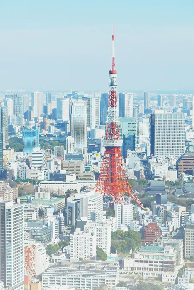 東京の街並み。中央に東京タワーがあり奥には高層ビルがたくさん並ぶ